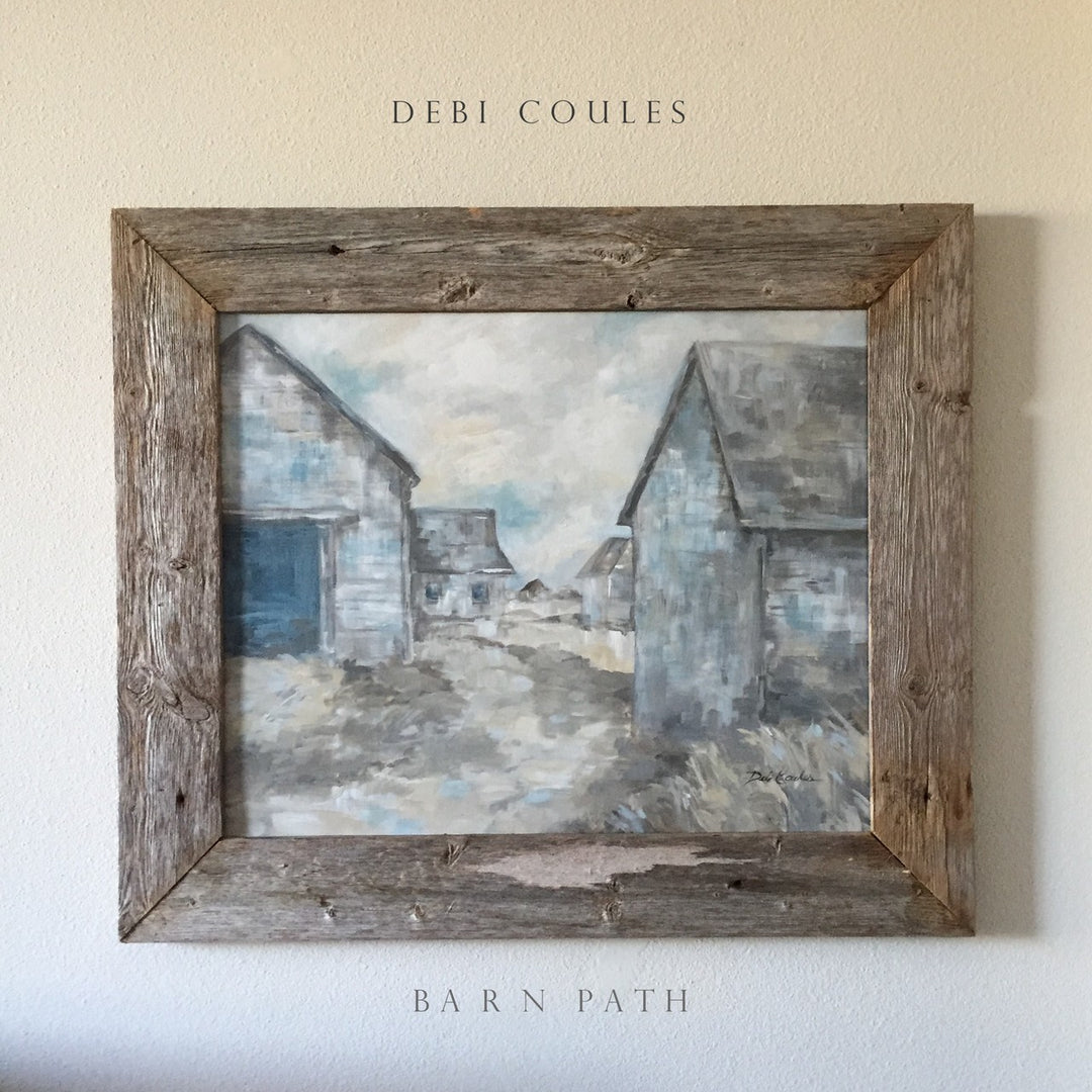 looking at this painting one is drawn to a softer simpler time. rustic old wooden farmhouse buildings line this path to another pasture, greys, blues, yellows, tans are present to give that Shabby chic, modern farmhouse feel, soft puffy clouds in the distance, a cottage feeling created by Debi Coules