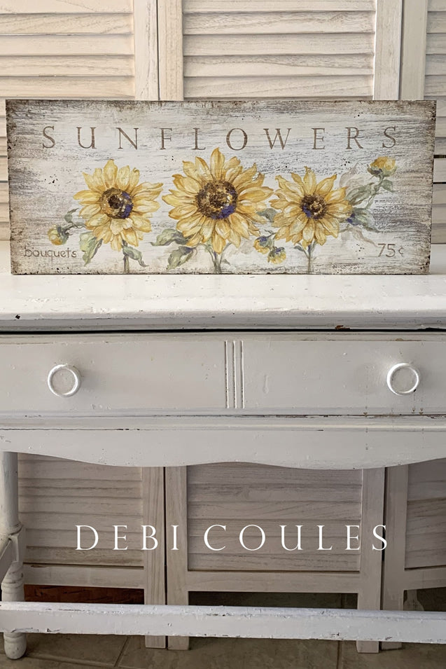 Rustic, shabby-chic sign for sunflowers