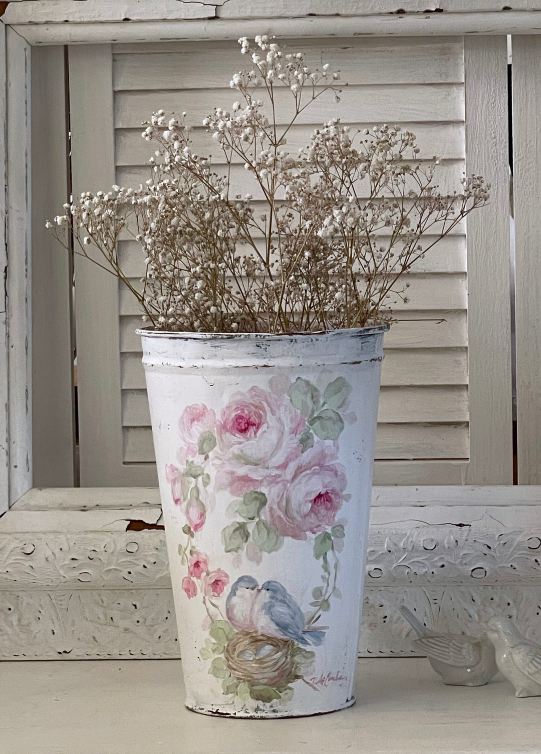 Shabby Chic Antique Floral Bucket With Bluebirds Nest and Roses Pink Roses Original by Debi Coules