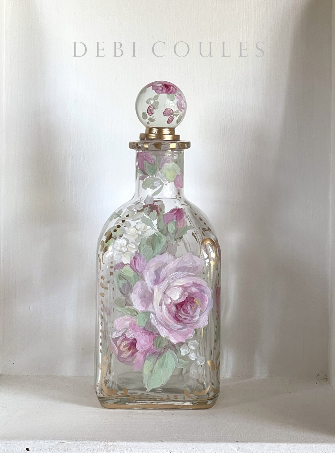 Gorgeous Hand Painted Roses Shabby Chic  Glass Perfume Bottle Original by Debi Coules