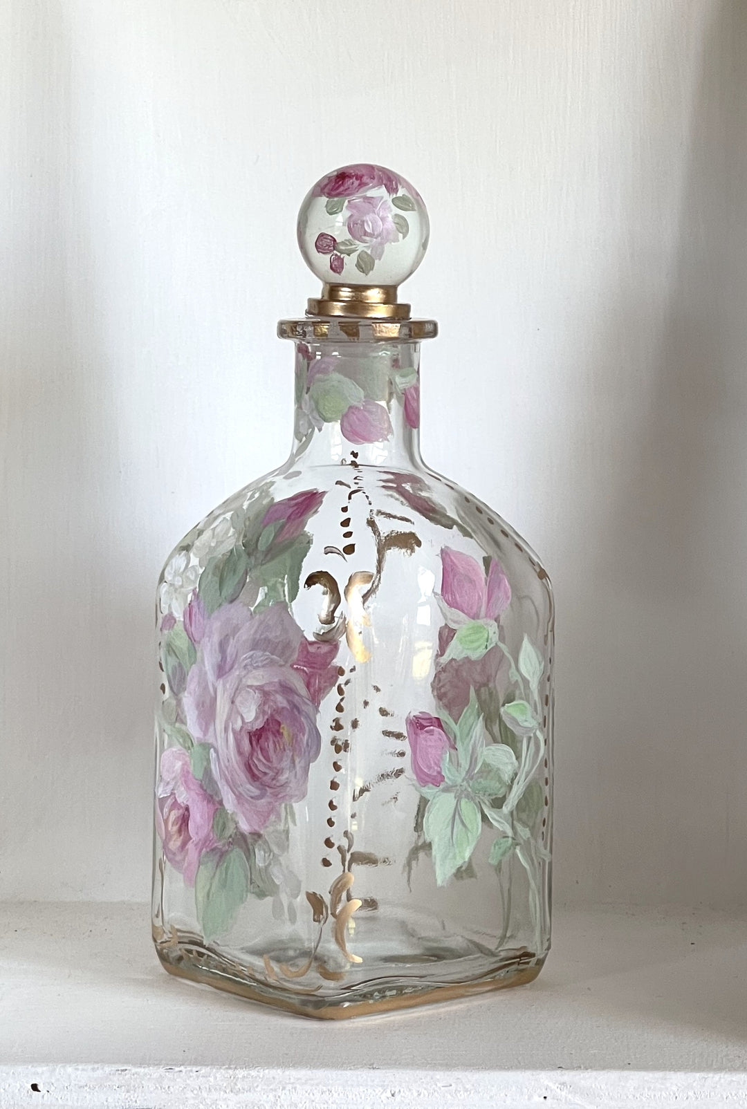 Gorgeous Hand Painted Roses Shabby Chic  Glass Perfume Bottle Original by Debi Coules