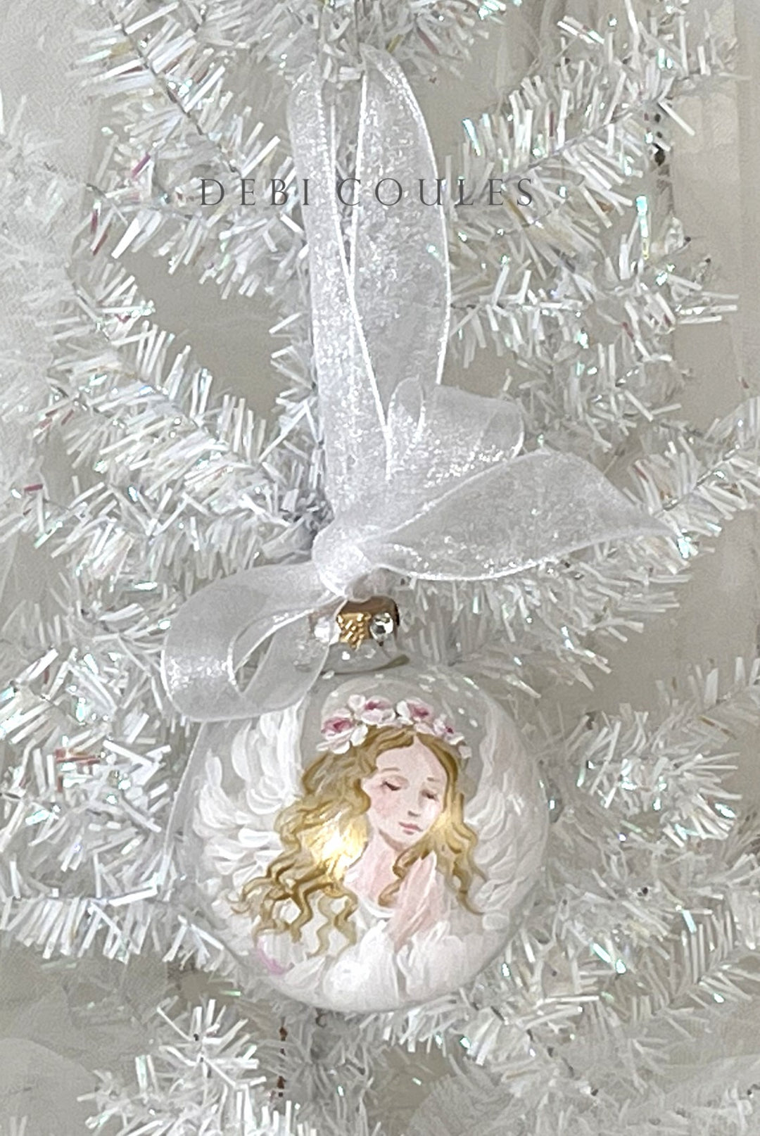 Hand-Painted Praying Angel with Rose Wreath Glass Globe — Swarovski Crystals and Gold Leaf by Debi Coules