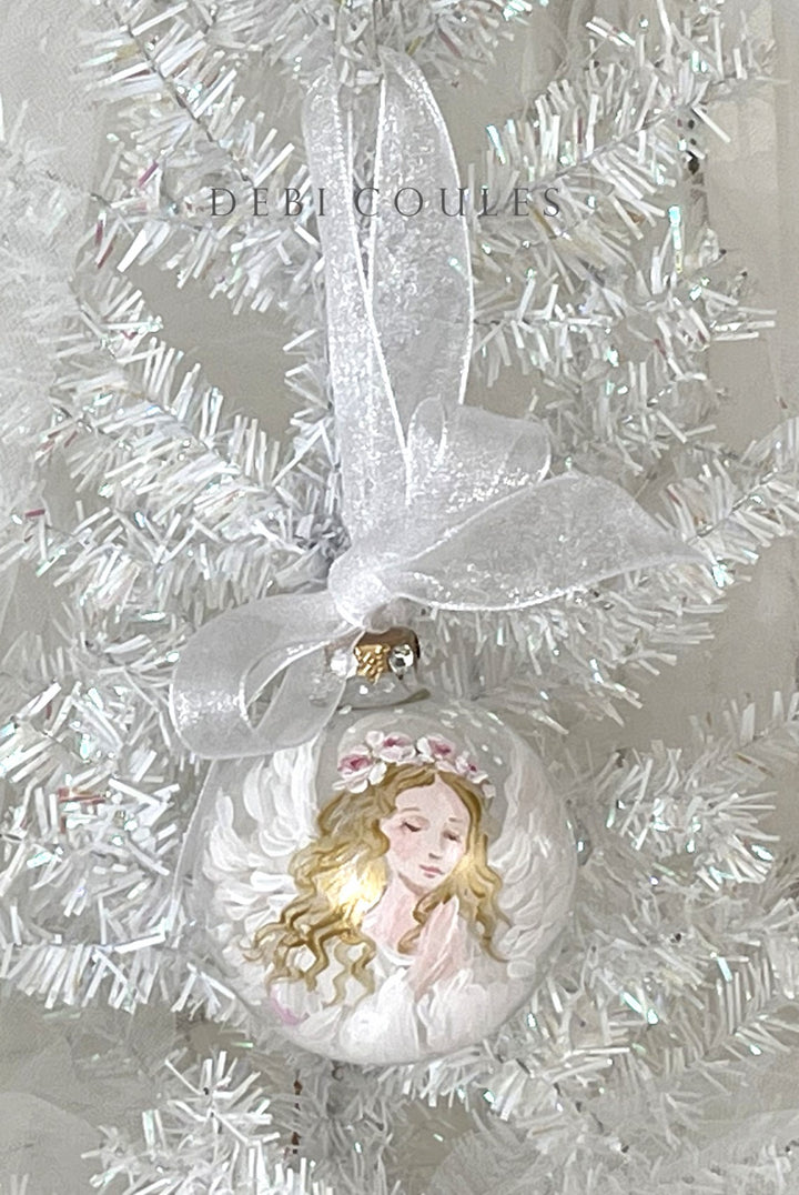 Hand-Painted Praying Angel with Rose Wreath Glass Globe — Swarovski Crystals and Gold Leaf by Debi Coules