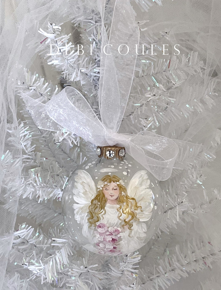 Snow Angel Roses Glass Globe Ornament Swarovski Crystal Rhinestones Holiday Shabby Chic Original Debi Coules