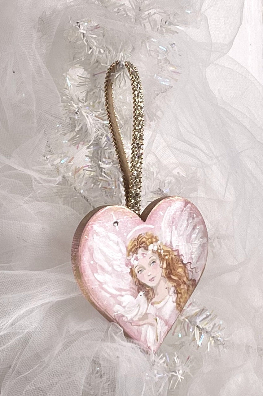 Angel Heart Pink Roses with Dove Swarovski Crystal Rhinestones Shabby Chic Original by Debi Coules