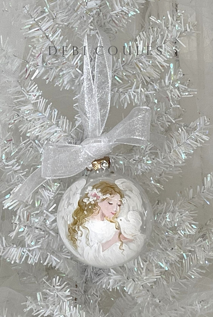 Hand-Painted Angel with Dove Glass Globe Ornament — Swarovski Crystal Rhinestones and Gold Leaf by Debi Coules