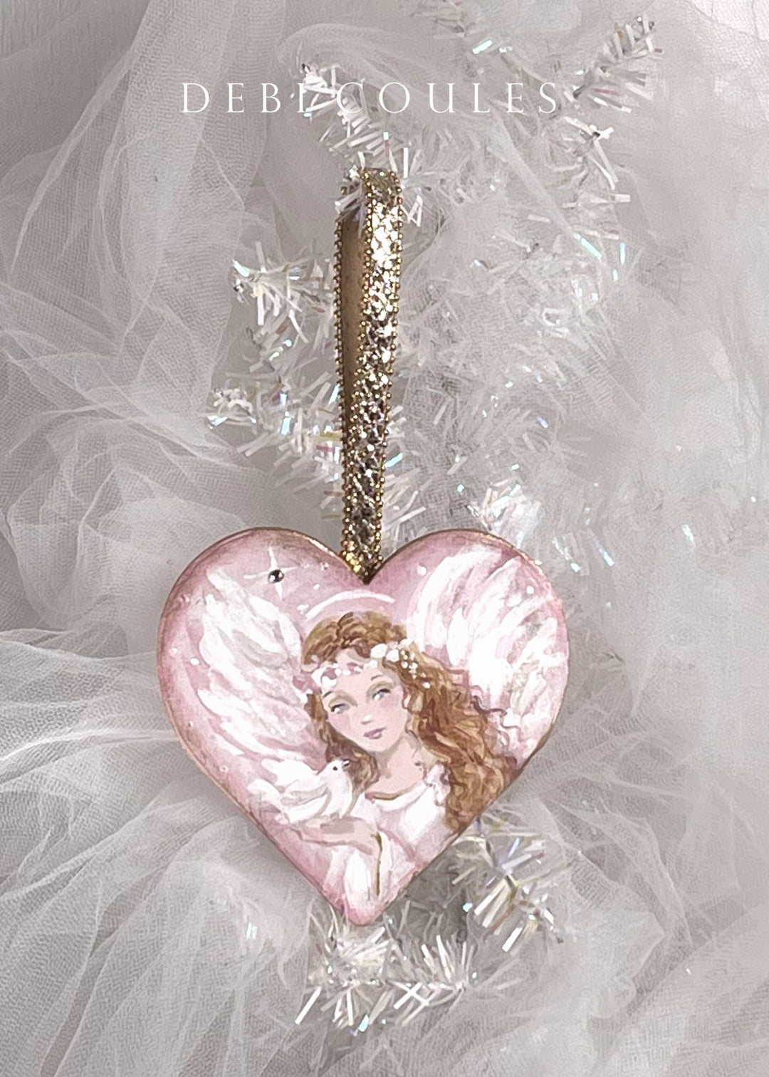 Angel Heart Pink Roses with Dove Swarovski Crystal Rhinestones Shabby Chic Original by Debi Coules