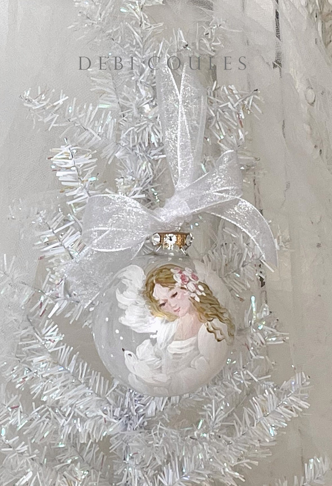 Shabby Chic Hand-Painted Angel with Dove Glass Globe Ornament — Swarovski Crystal Rhinestones and Gold Leaf by Debi Coules