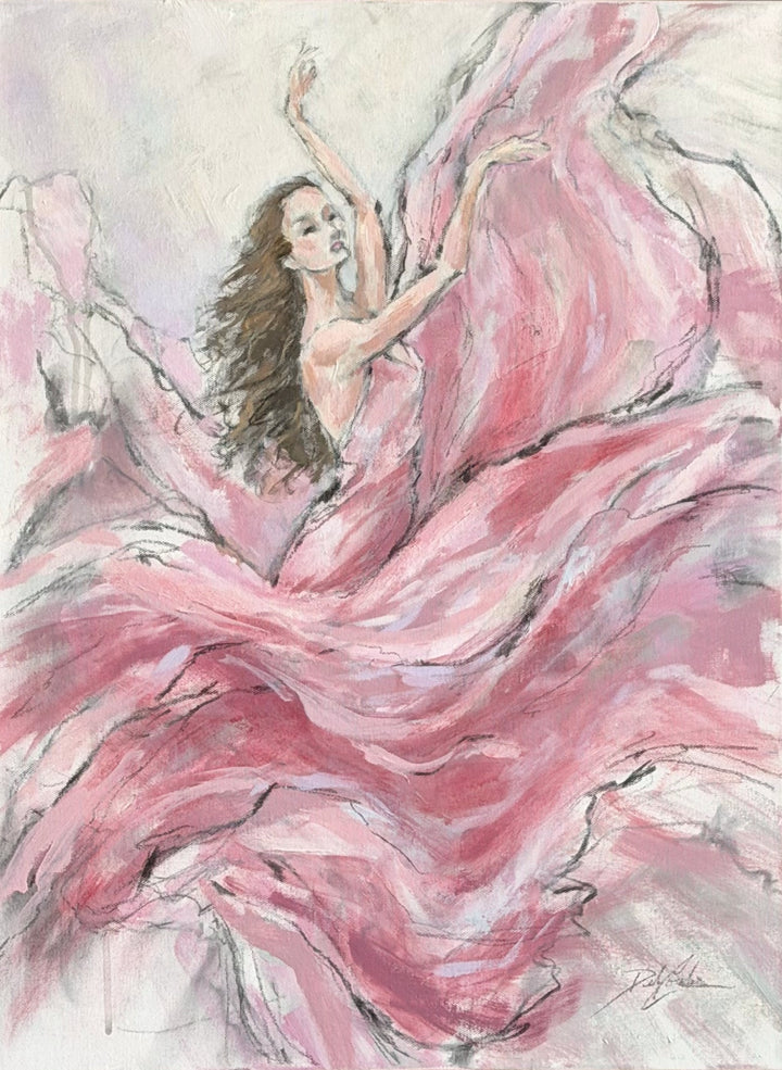 Allure original pink figurative painting by Debi Coules featuring a woman surrounded by flowing pink fabric