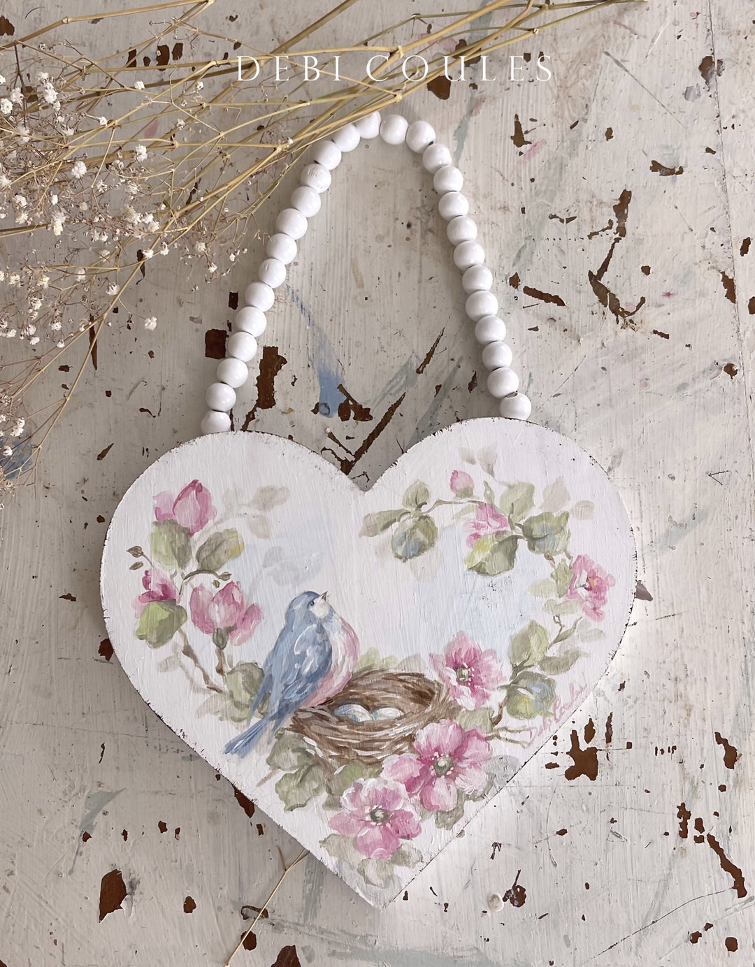 Shabby Chic Large Wood Bluebird Roses and Nest With Eggs Heart Original by Debi Coules (Copy)