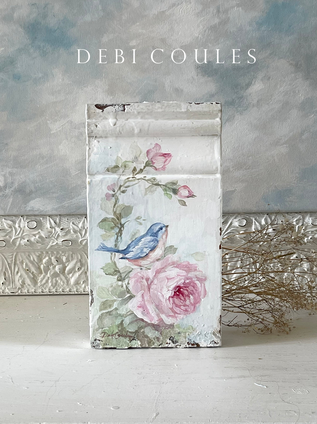 Shabby Chic Antique Bluebird and Roses Plinth Block Original by Debi Coules