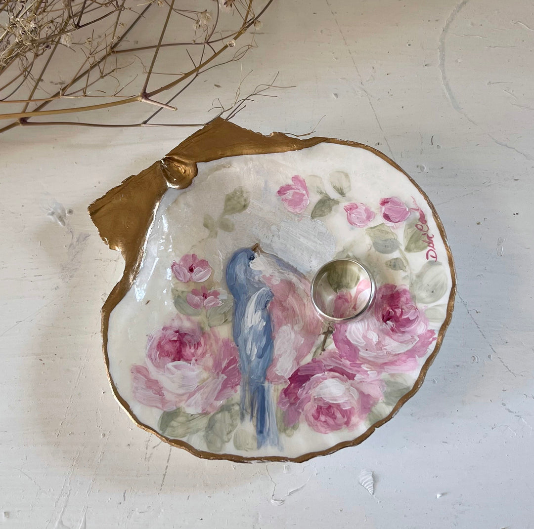 Shabby Chic Bluebird and Pink Roses Painted Shell Ring Dish Romantic Original by Debi Coules