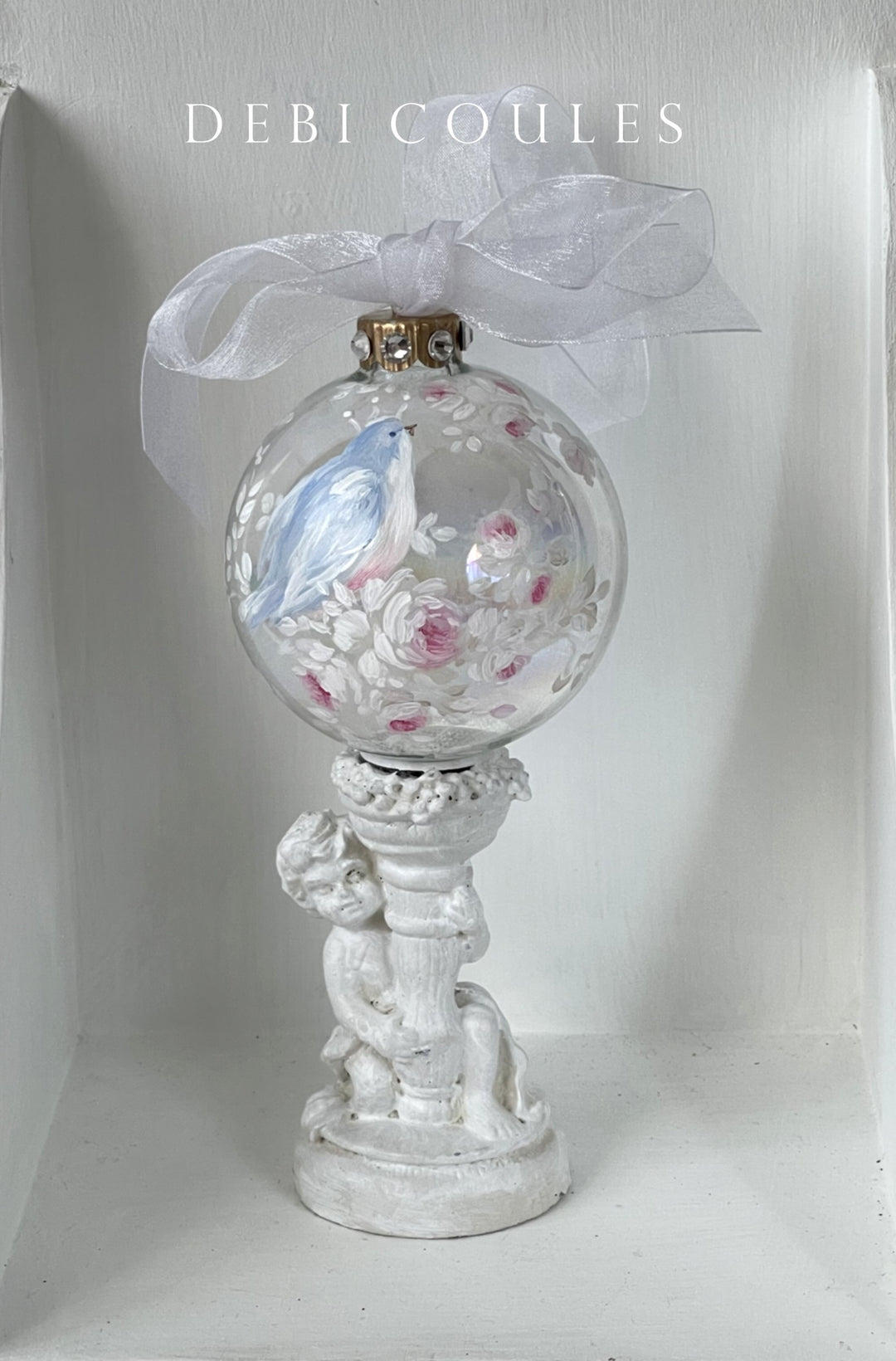 Shabby Chic Hand-Painted Bluebird and Roses Rhinestones Iridescent Glass Globe Holiday Ornament by Debi Coules