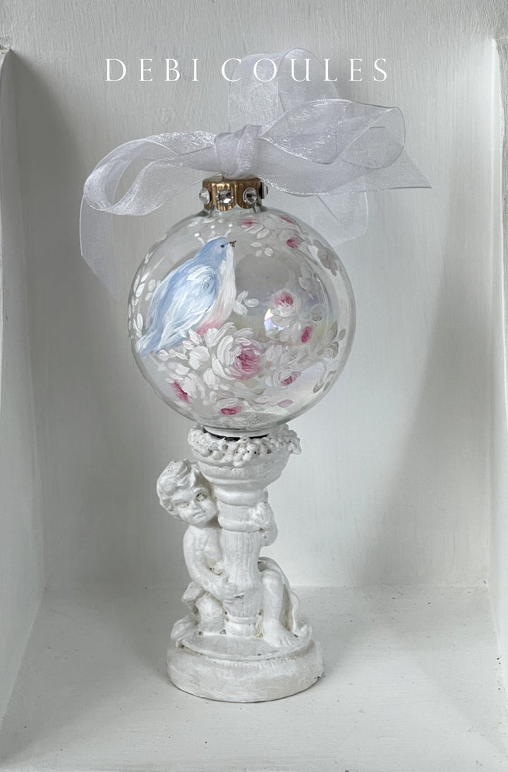 Shabby Chic Hand-Painted Bluebirds and Roses Rhinestones Iridescent Glass Globe Holiday Ornament by Debi Coules