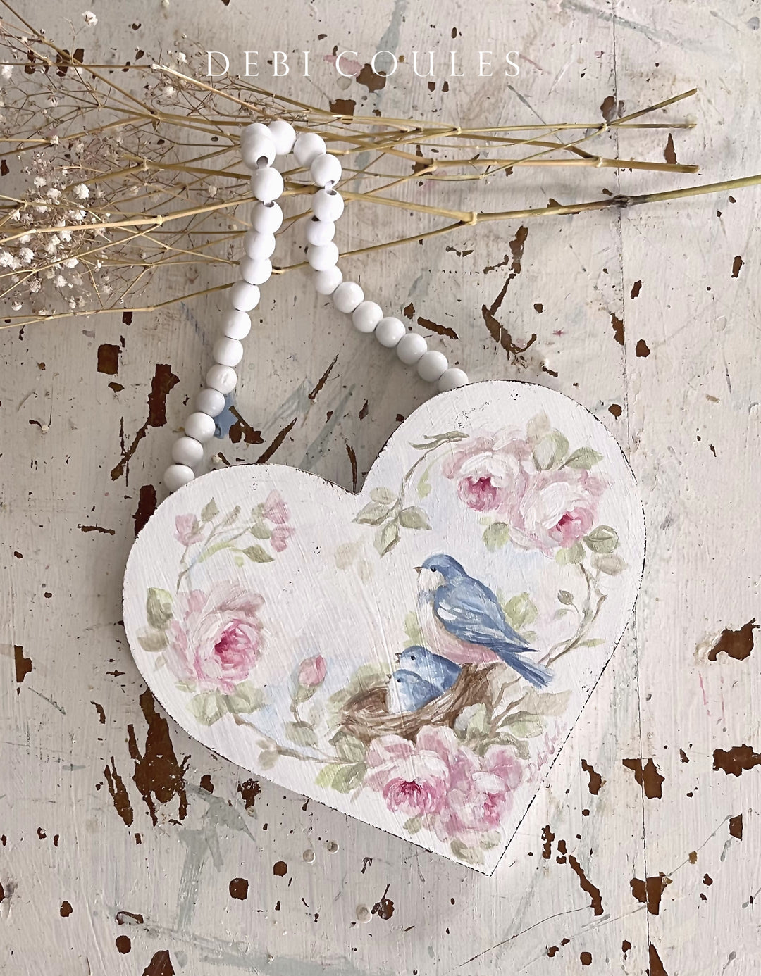 Shabby Chic Bluebird with Wild Roses Nest and Eggs Heart Hand-Painted Wood - A Perfect Mother's Day Gift by Debi Coules