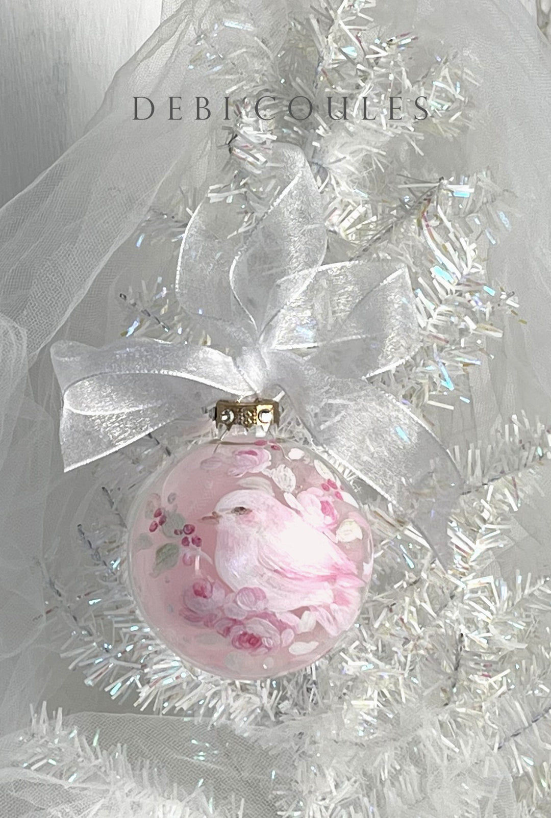 Debi Coules Shabby Chic 4-Inch Glass Globe Ornament – Dove Perched on Roses, Gold Leaf, Swarovski Crystals