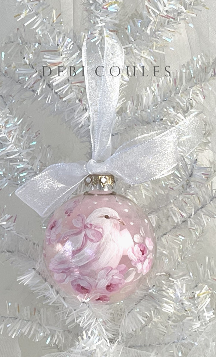 Shabby Chic Hand-Painted Glass Globe Ornament – White Dove with Roses & Bow, Gold Leaf, Swarovski Crystals, Signed by Debi Coules