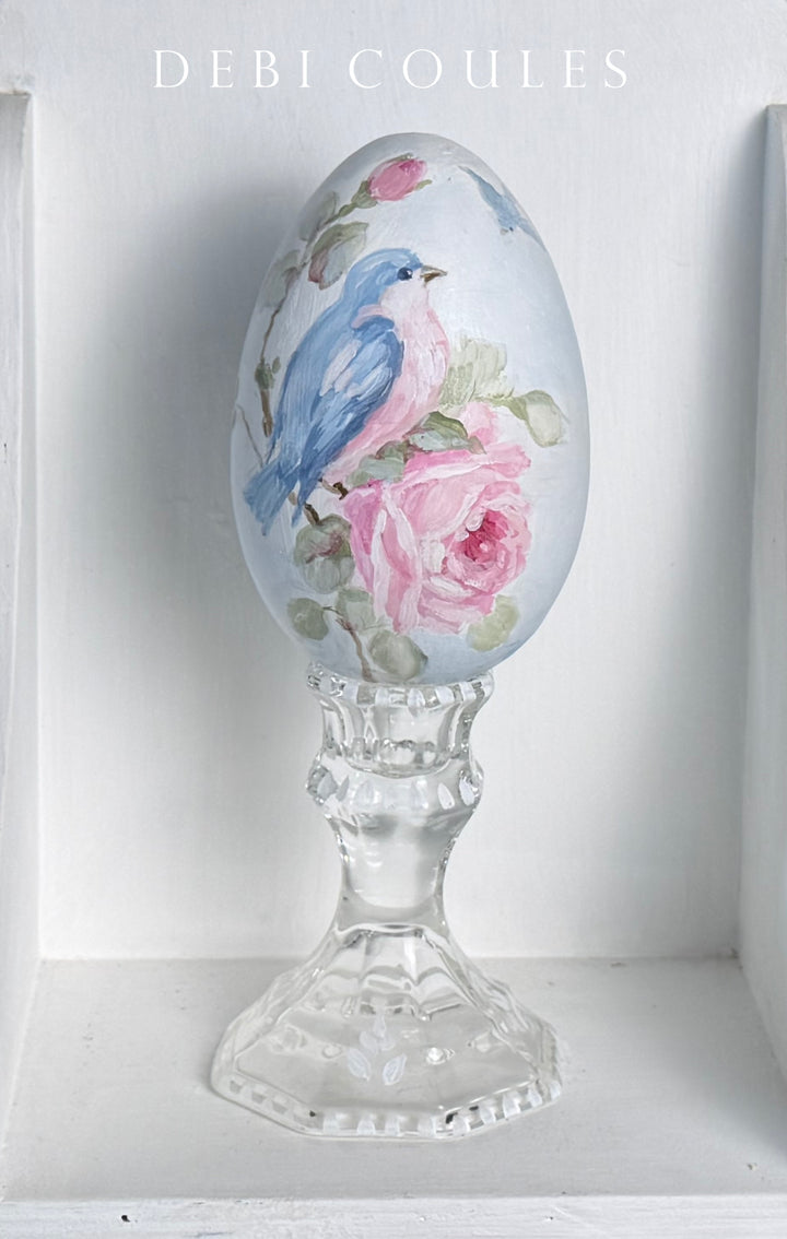 Shabby Chic Hand-Painted Bluebird and Roses Large Wood Easter Egg on Glass Stand – Original by Debi Coules