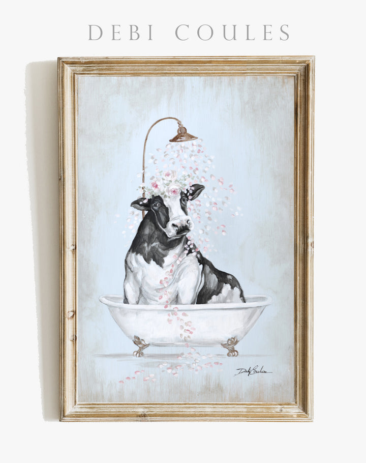 "Black and White Cow in a Tub" Fine Art Print by Debi Coules