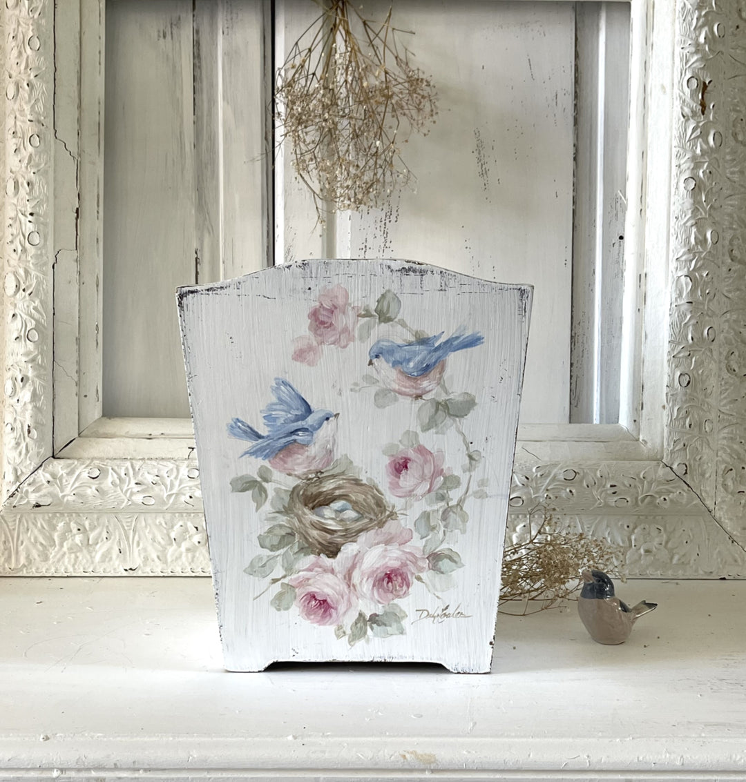 Shabby Chic Vintage Bluebirds Nest and Roses Wood Flower Vase Original by Debi Coules