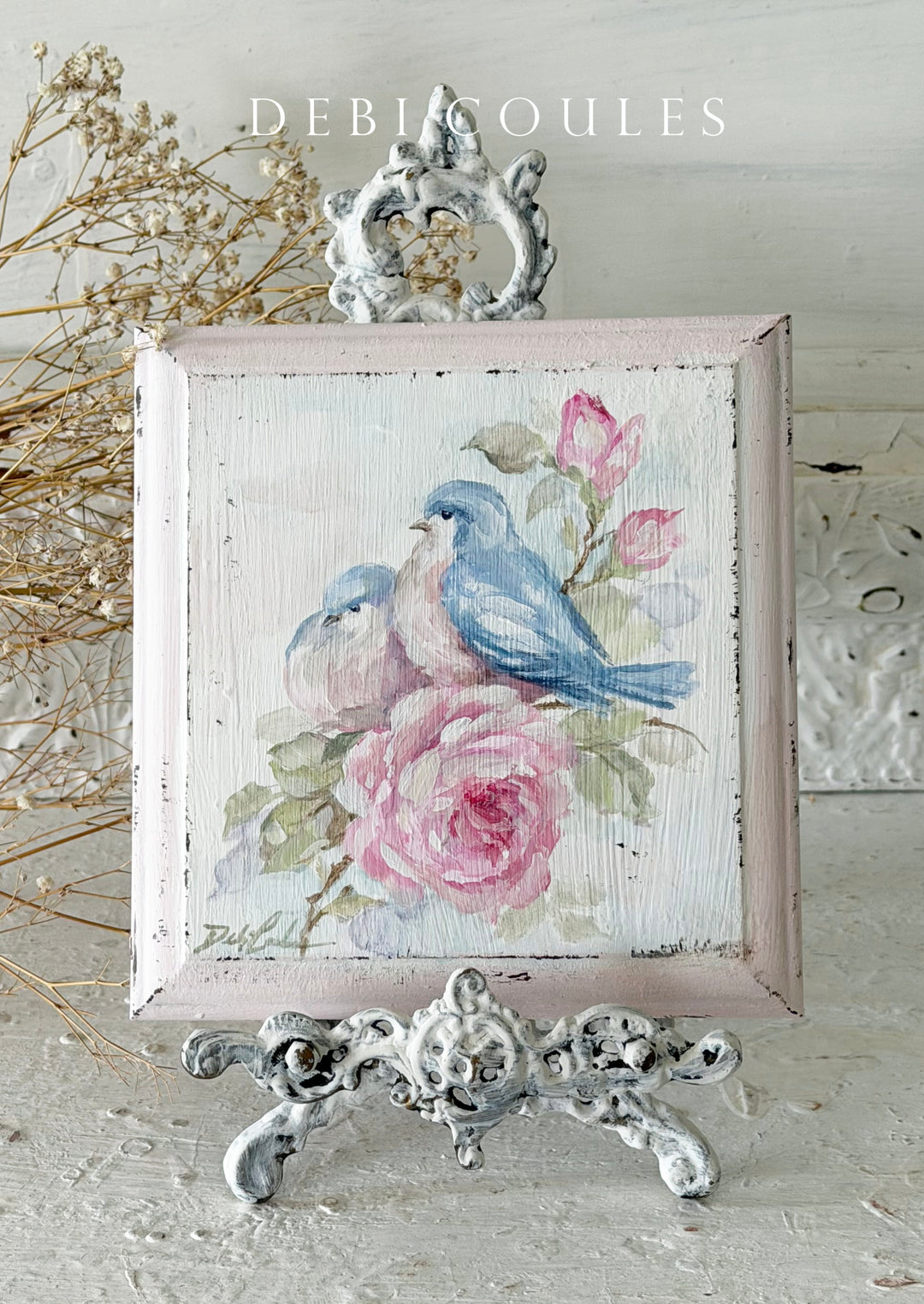 Bluebird and Roses Vintage Wood Plaque | Original Hand-Painted Art