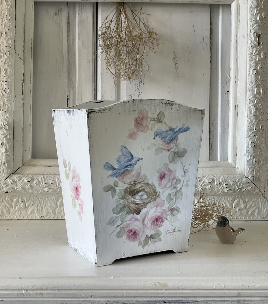 Shabby Chic Vintage Bluebirds Nest and Roses Wood Flower Vase Original by Debi Coules
