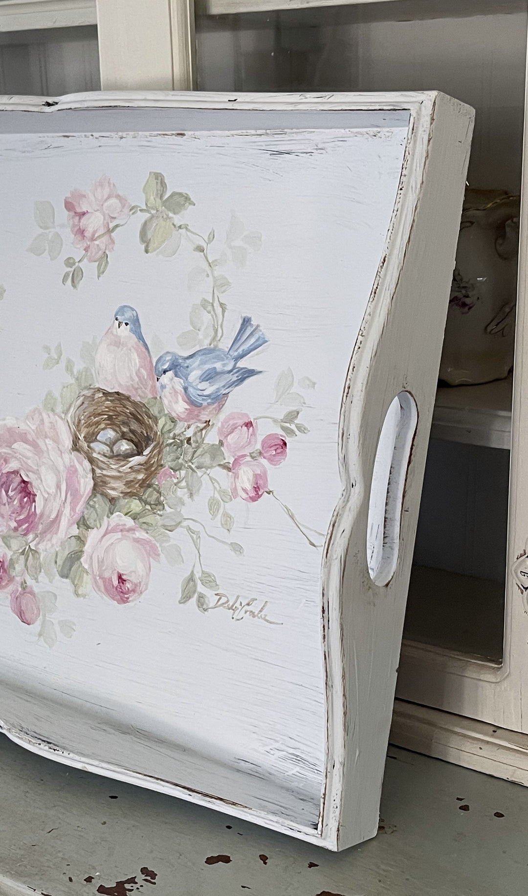 Vintage Large Wooden Tray Bluebirds Roses and Nest Original by Debi Coules