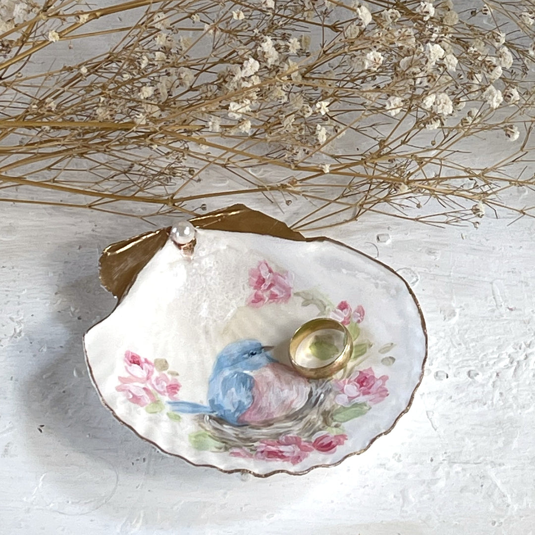 Shabby Chic Hand-Painted Bluebird and Roses Nest Shell  Original By Debi Coules