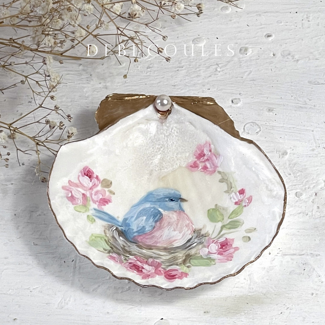 Shabby Chic Hand-Painted Bluebird and Roses Nest Shell  Original By Debi Coules