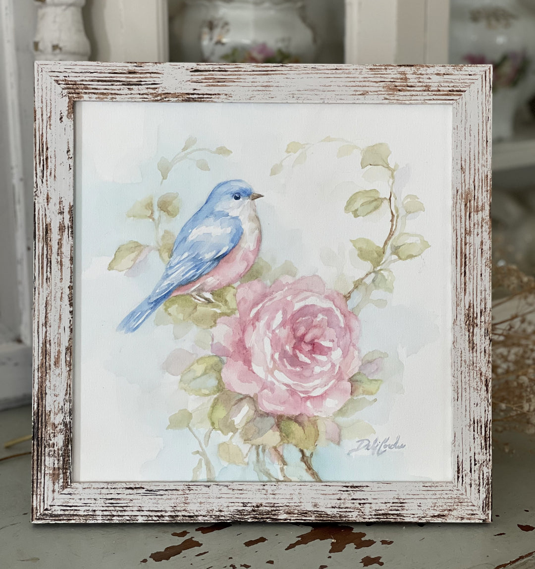 Bluebird and Rose Watercolor Painting Framed  by Debi Coules – Shabby Chic Elegance