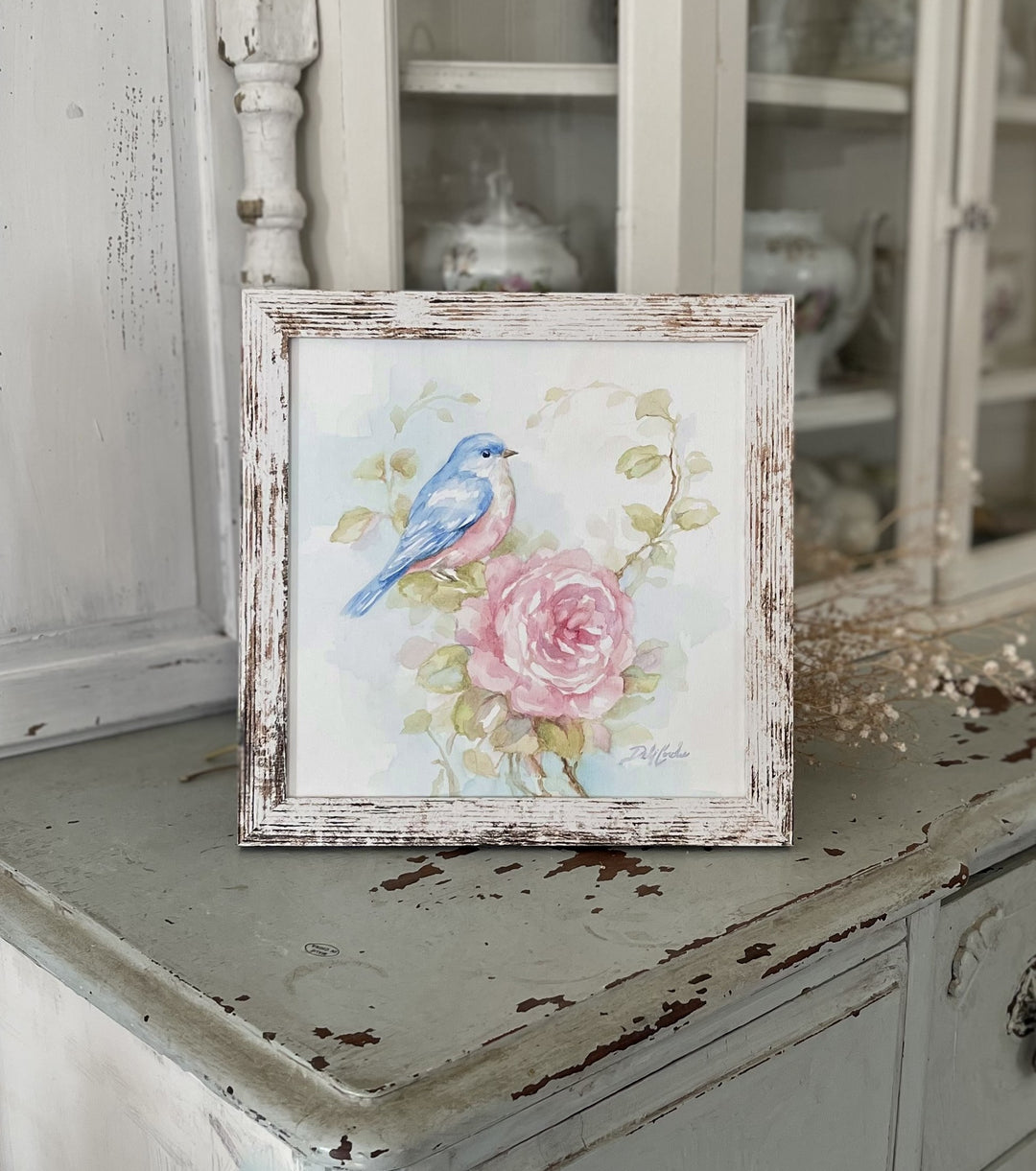 Bluebird and Rose Watercolor Painting Framed  by Debi Coules – Shabby Chic Elegance