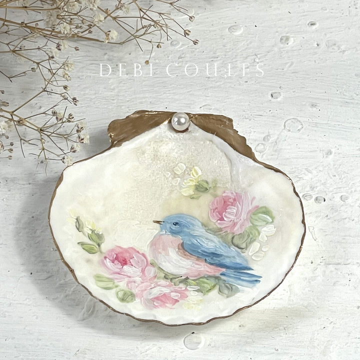 Hand Painted Shell with Bluebird and Roses Original by Debi Coules