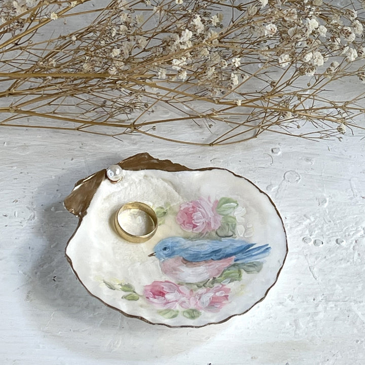 Hand Painted Shell with Bluebird and Roses Original by Debi Coules