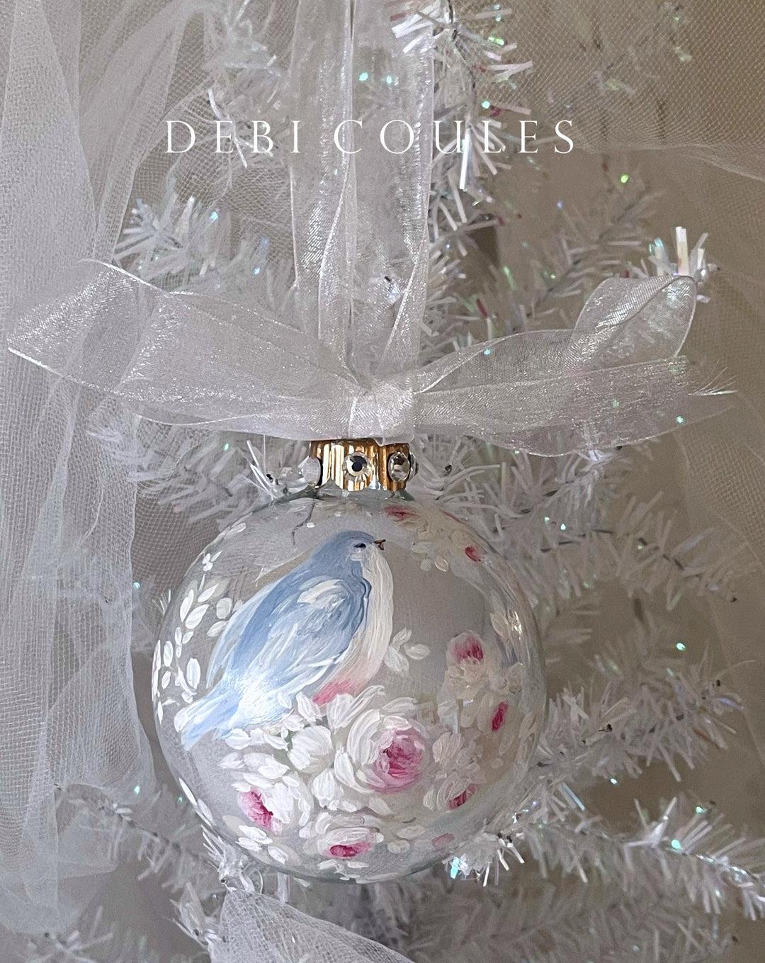 Bluebird and Roses Large Glass Globe Ornament Swarovski Crystal Rhinestones Original Debi Coules