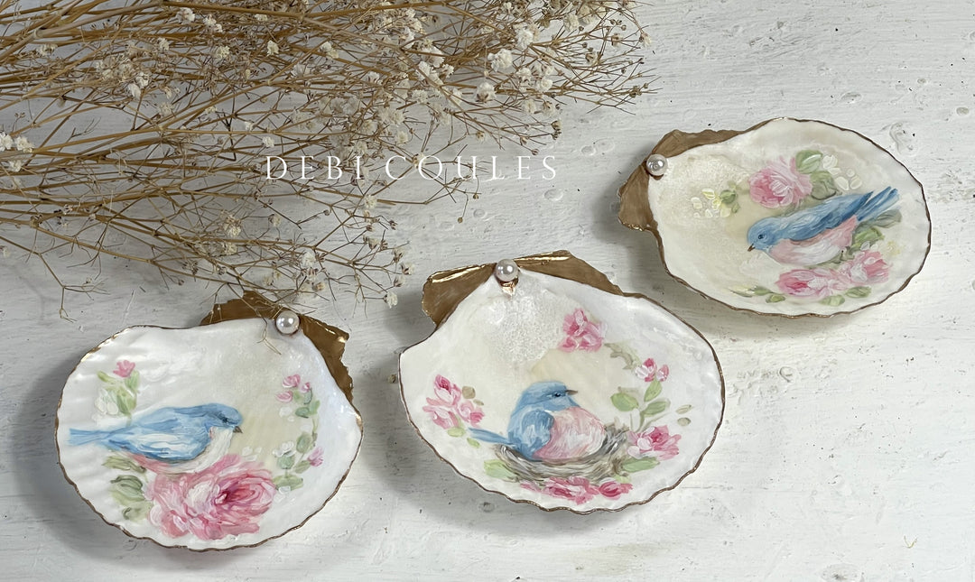 Hand Painted Shell with Bluebird and Roses Original by Debi Coules