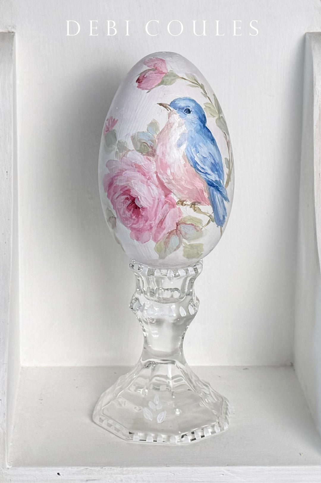 Shabby Chic Hand-Painted Bluebird and Roses Wooden Easter Egg on Glass Stand – Original by Debi Coules
