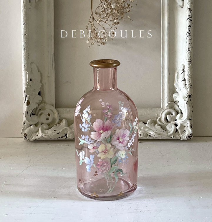 Shabby Chic  Pink Glass Wildflower Bud Vase Vintage Style Hand Painted Original by Debi Coules