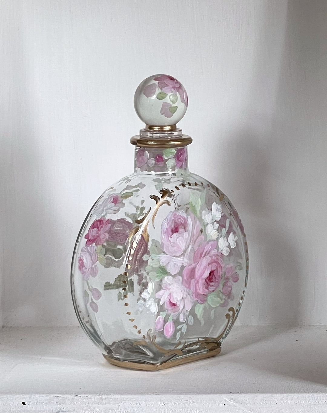 Shabby Chic Hand Painted Pink Roses Glass Perfume Bottle Original