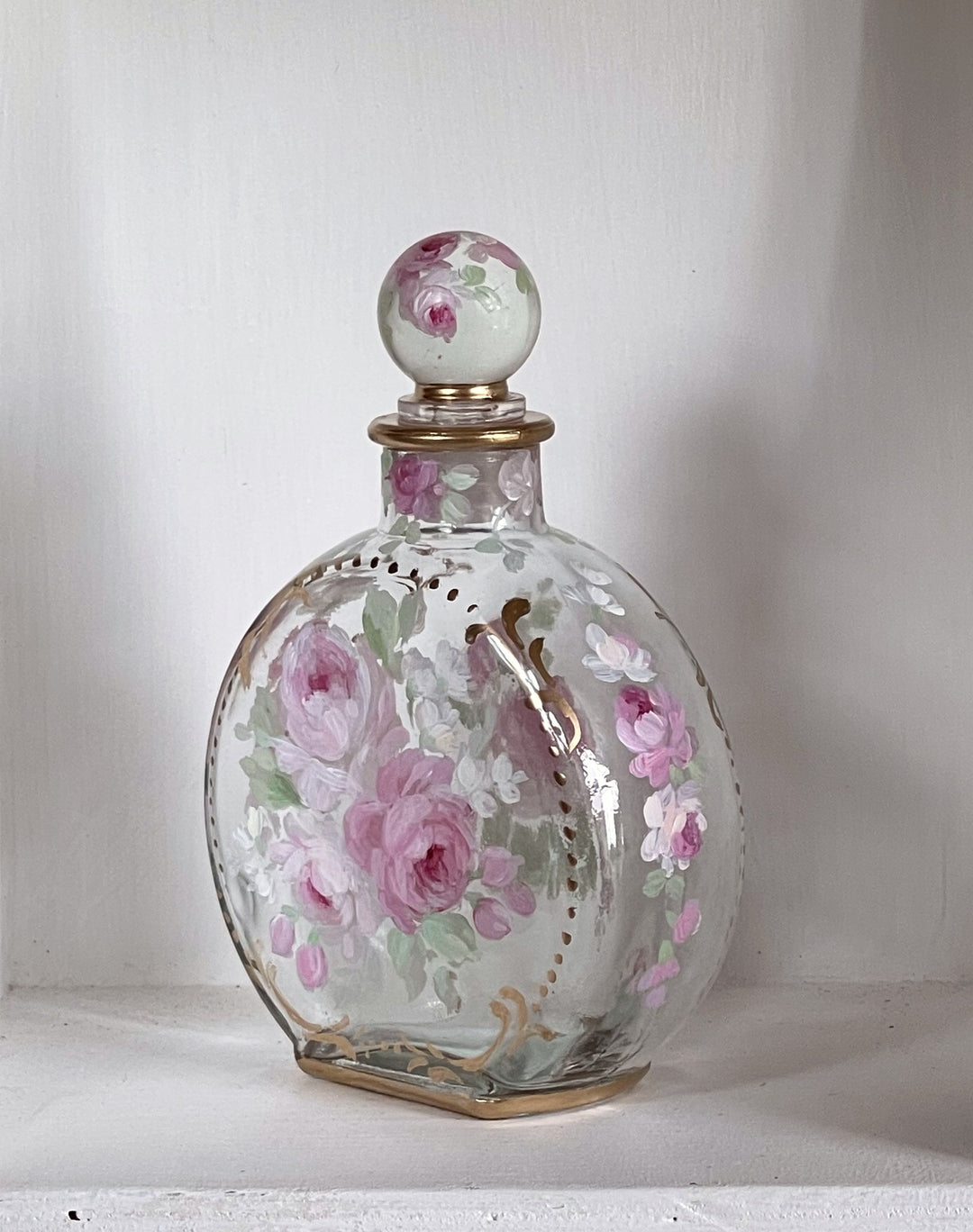 Shabby Chic Hand Painted Pink Roses Glass Perfume Bottle Original by Debi Coules