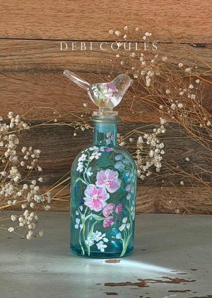 Original Hand-Painted Bluebird Meadow Bottle | Debi Coules