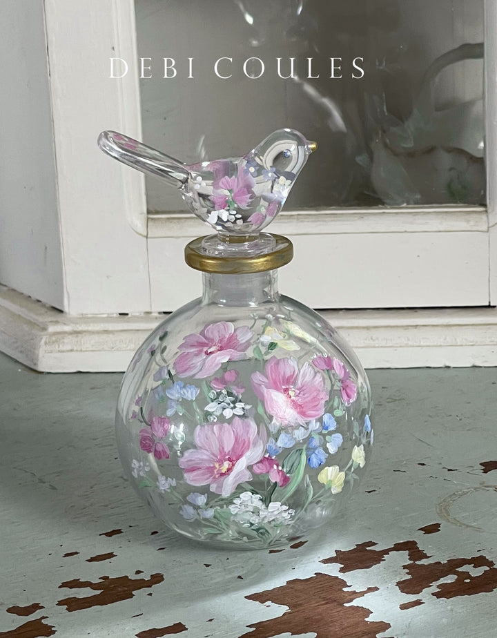 Shabby Chic Hand-Painted Perfume Bottle with Bird Topper by Debi Coules