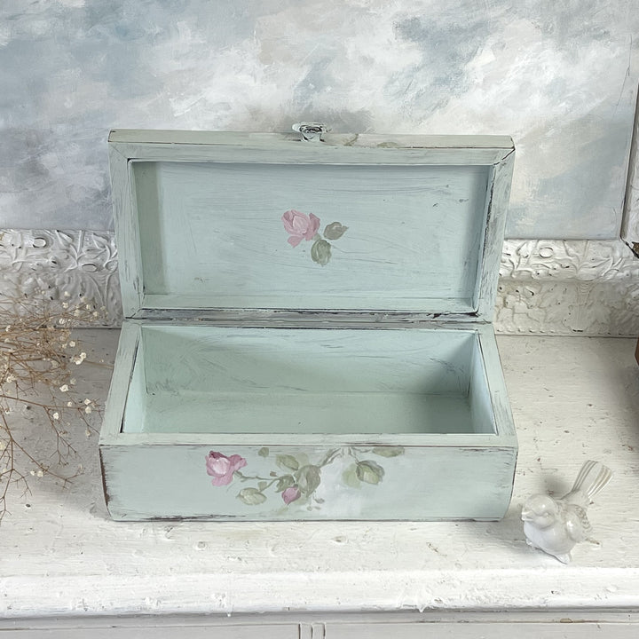 Vintage Wooden Keepsake Box – Hand-Painted Bluebird, Roses and Nest – Original by Debi Coules