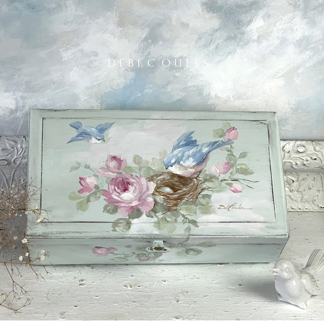 Vintage Wooden Keepsake Box – Hand-Painted Bluebird, Roses and Nest – Original by Debi Coules