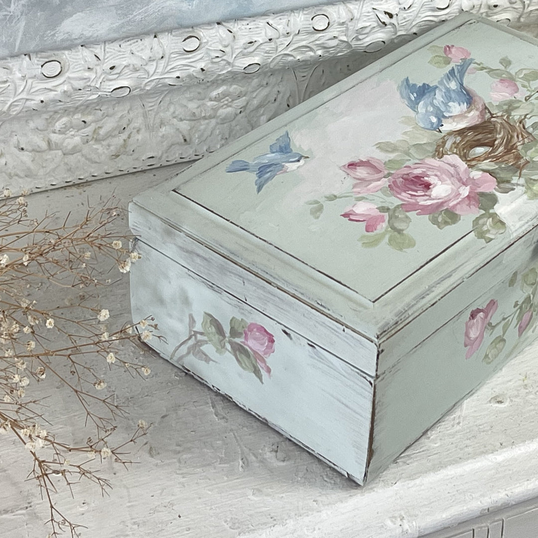 Vintage Wooden Keepsake Box – Hand-Painted Bluebird, Roses and Nest – Original by Debi Coules
