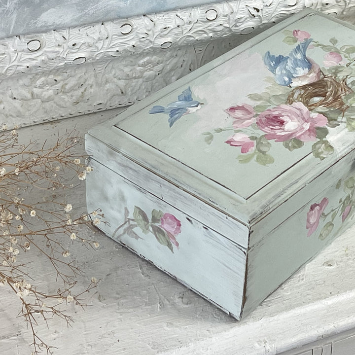 Vintage Wooden Keepsake Box – Hand-Painted Bluebird, Roses and Nest – Original by Debi Coules