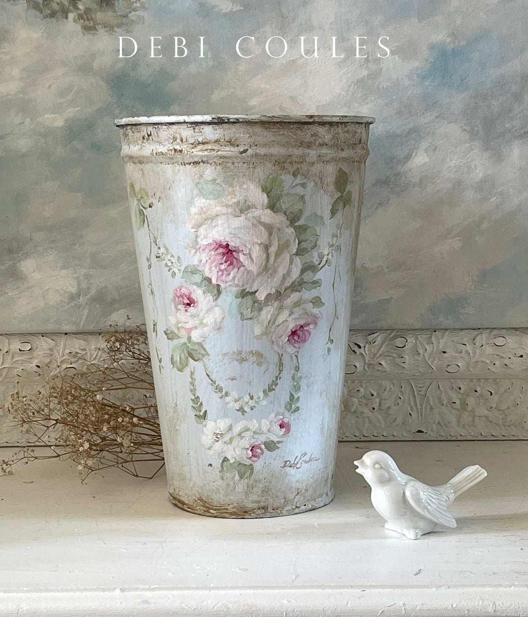 Shabby Chic Romantic White and Pink Roses Floral Bucket Original by Debi Coules