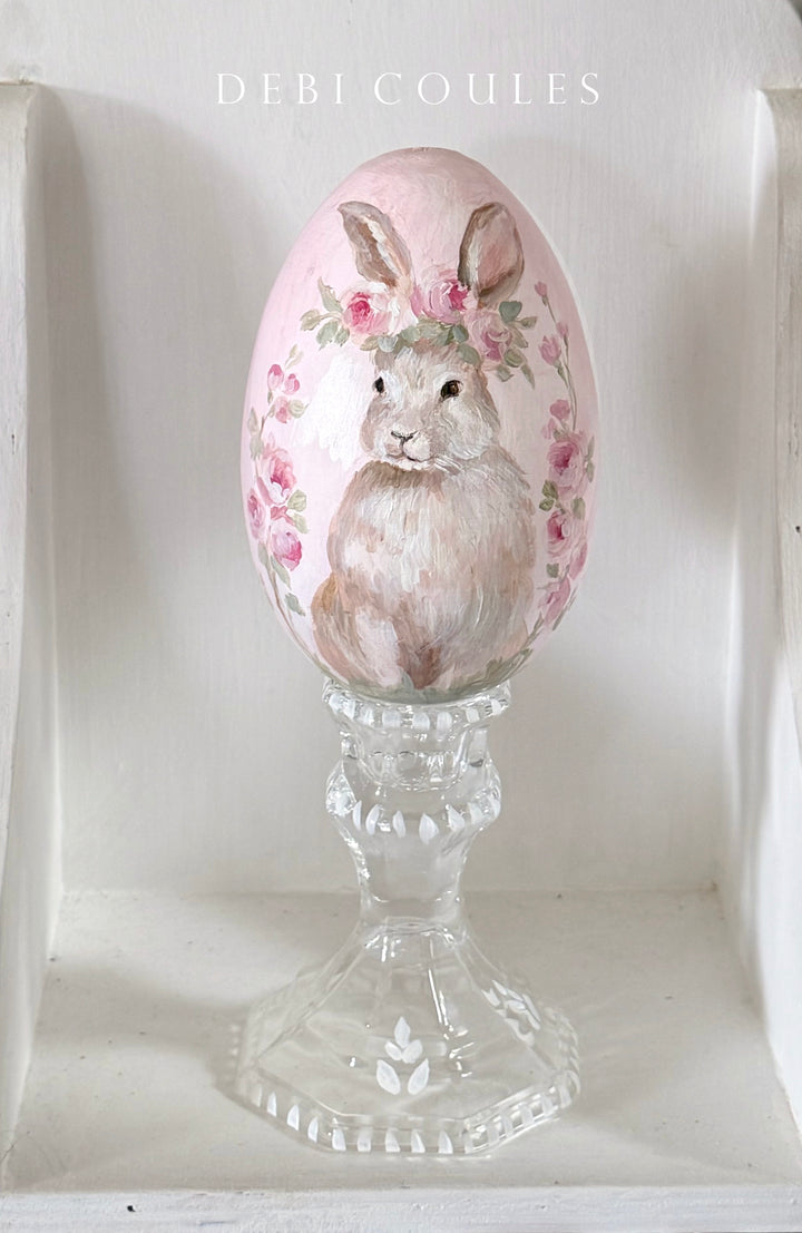Shabby Chic Hand-Painted Bunny and Roses Large Wood Easter Egg on Glass Stand – Original by Debi Coules