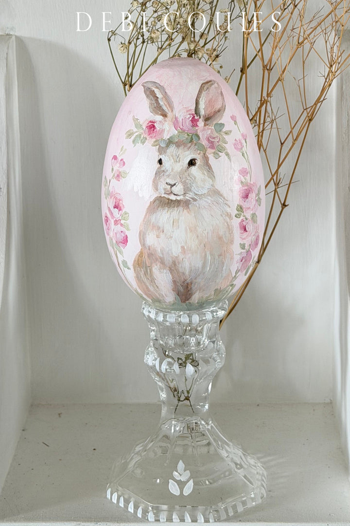 Shabby Chic Hand-Painted Bunny and Roses Large Wood Easter Egg on Glass Stand – Original by Debi Coules