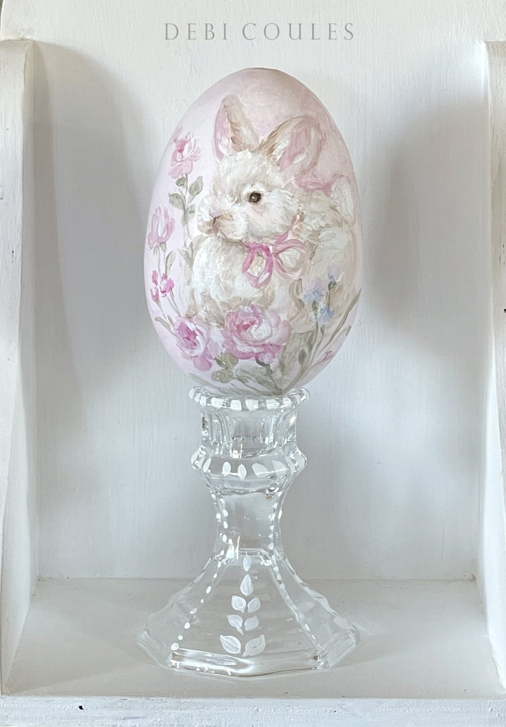 Shabby Chic Bunny and Pink Roses Easter Egg with Stand Original by Debi Coules