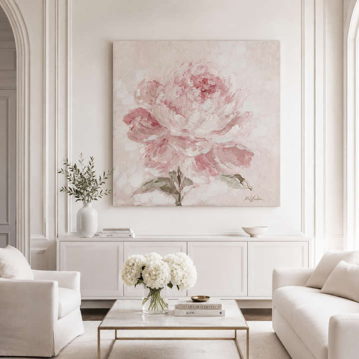 Living room with a large peony canvas print on the wall, white furniture, and decorative elements.
